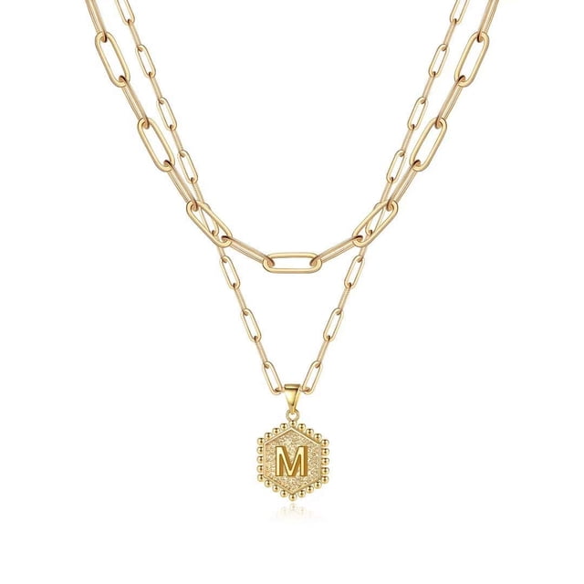 Colliers à Initiale Superposés pour Femmes, Collier Chaîne Trombone Simple Mignon Pendentif Lettre Hexagone Collier Ras-du-Cou à Initiale Colliers Superposés Dorés pour Femmes, MGold