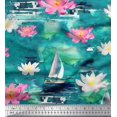 thumbnail image 1 of Soimoi Green polyester Crepe Fabric Yacht & Lotus Flower Decor Fabric Printed BTY 42 Inch Wide, 1 of 3