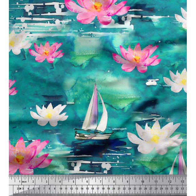 Soimoi Green polyester Crepe Fabric Yacht & Lotus Flower Decor Fabric Printed BTY 42 Inch Wide