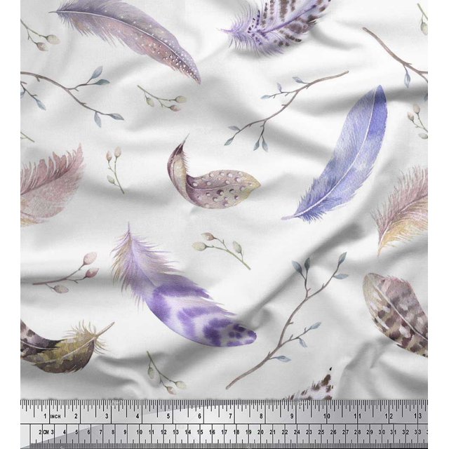 Soimoi polyester Crepe Fabric Branches & Artistic Feather Printed Fabric 1 Yard 52 Inch Wide