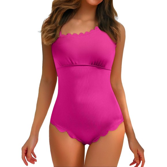 One Shoulder Swimsuit Women Ribbed Scalloped Bathing Suit Cutout 1 Piece, Suitable For Patio