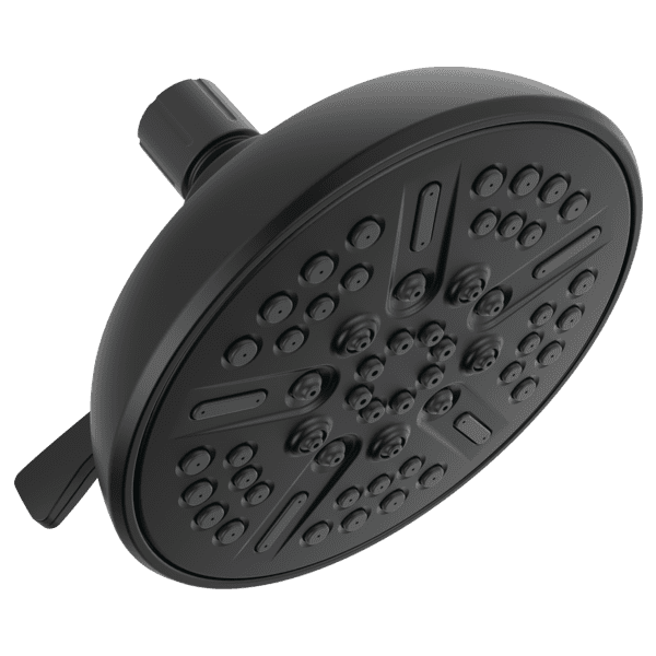 Delta Faucet 8-Setting Shower Head in black with a round face featuring eight spray zones including massage and pause settings, soft rubber Touch-Clean® nozzles for easy mineral buildup removal, designed for quick installation and water conservation in bathroom renovations.
