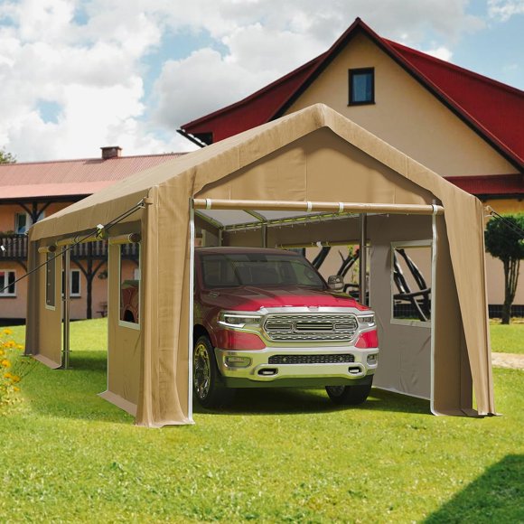 Abri d'Auto Extérieur Jaune 10 X 20 Pi Robuste, Abri de Garage Portable avec Auvent, Tente de Voiture Imperméable avec Protection UV avec 4 Fenêtres en Treillis Enroulables et 4 Portes à Glissière Enroulables, Abri Extérieur Robuste pour Camion, Mot