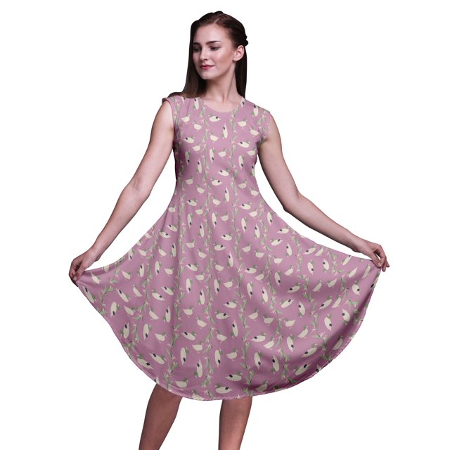 Bimba Robe Midi Évasée d'Été Décontractée Sans Manches à Imprimé Floral pour Femmes, Feuilles Violettes et Canard Colvert Oiseau - Xxx-Grand