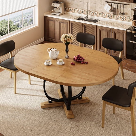 iPormis 59'' Extendable Round Dining Table for 4 to 8, Kitchen Table with Sturdy X-Base Metal Legs, MDF Board, Space Saving, Easy Assembly,Oak