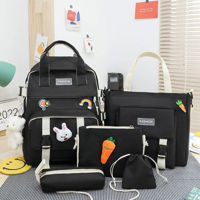 Sac à dos pour Femmes 5 en 1 en Nylon Imperméable Grande Capacité Sacs à dos de Rangement Pendentif Mignon Sac d'École Sacs à dos Multifonctions Sac à dos scolaire