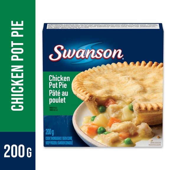 Swanson Chicken Pot Pie: flaky crust stuffed with cooked seasoned chicken, carrots, potatoes, and peas, 200 g