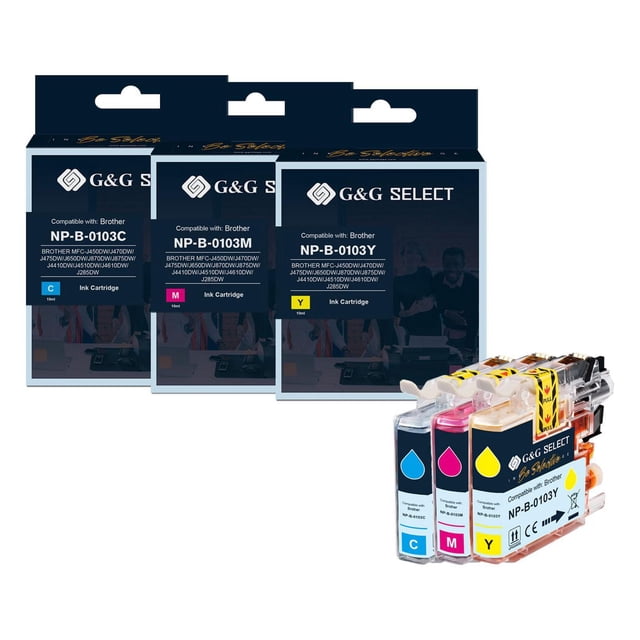 G&G Select Brother LC103 New Compatible Cyan, Magenta & Yellow Ink Cartridge 3 pack featuring three boxed cartridges labeled NP-B-0103C, NP-B-0103M, and NP-B-0103Y compatible with Brother printers, alongside a close-up of the transparent cyan, magenta, and yellow ink cartridges with color-coded labels and droplet icons, suitable for consistent OEM-equivalent printing quality.