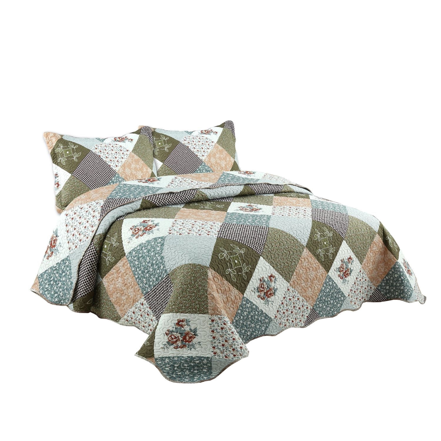 Marina Decoration Couvre-lit Pinsonic imprimé en relief ultra doux avec taies d'oreiller, motif à carreaux floraux en diagonale moderne