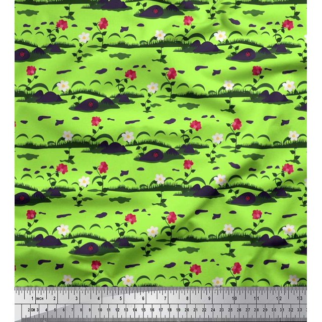 Soimoi Moss Georgette Fabric Insect,Leaves & Floral Artistic Printed Fabric 1 Yard 42 Inch Wide