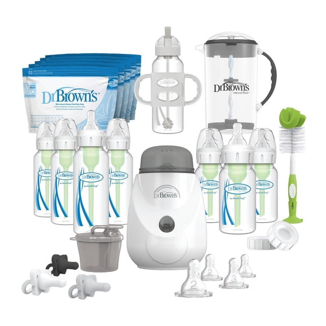 Dr. Brown's Natural Flow Anti-Colic Options+ All-In-One Gift Set includes clear baby bottles with white caps and blue internal vent tubes, a white bottle warmer with gray lid, formula dispenser, green and white bottle cleaning brush, multiple silicone nipples for slow to medium-fast flow, a sippy cup with handles, sterilizer bags, and bottle caps, clinically proven to reduce colic and support all feeding stages.