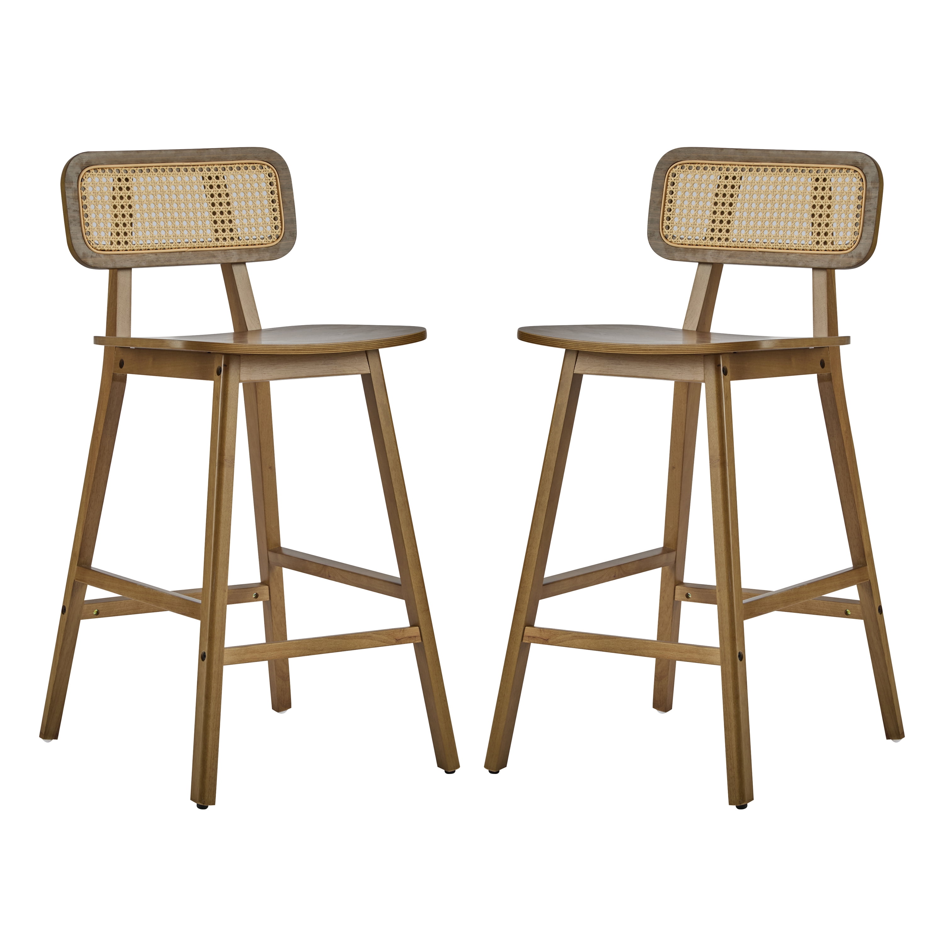 Ensemble de 2 tabourets de bar modernes Bari de Noble House, dossier en rotin, structure en bois, noyer