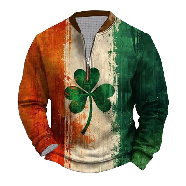 Penkiiy Chandail en Molleton Col Zippé Imprimé Irlandais pour Hommes St. Patrick's Day 3TG Multicolore