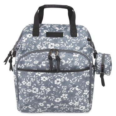 Baby Essentials Super Cooler Main Frame Dual Zipper Closure Diaper Bag Backpack Tote with Matching Changing Pad, Insulated Bottle Pockets, Stroller Straps and Pacifier Pouch in Grey Floral