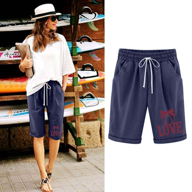 LOVZFMLL Women Printed Elastic Waist Drawstring With Casual Pockets Shorts Navy XXL