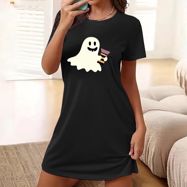 Sakmal Nuisettes Mumu Noires pour Femmes Grande Taille Halloween Légères et Confortables Robe Mumu Col Rond Imprimé Fantôme Manches Courtes Courtes Nuisettes P-2TG