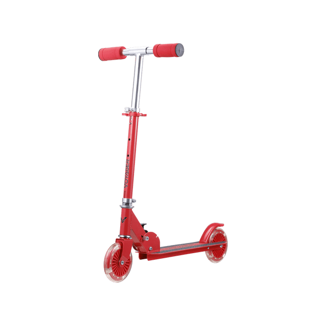 Voyager 120mm Light-Up Folding Scooter with Adjustable Handlebar in red, featuring a lightweight red metal frame, soft foam grips, and translucent 120mm light-up wheels. It folds easily for storage and transport and has an adjustable handlebar height, suitable for kids 5 and older riding on smooth pavement or sidewalks.
