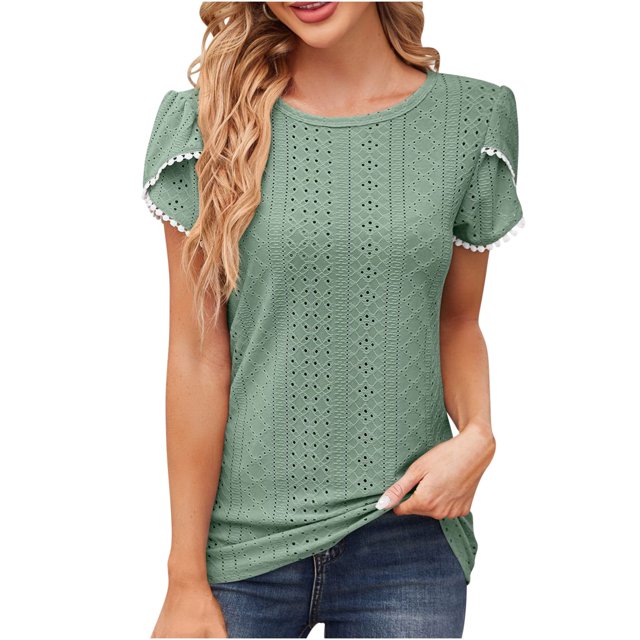 Timegard Hauts d'Été pour Femmes, Oeillets, Col Rond, Blouse à Manches Courtes Pétale, Chic Décontracté, Hauts Amples
