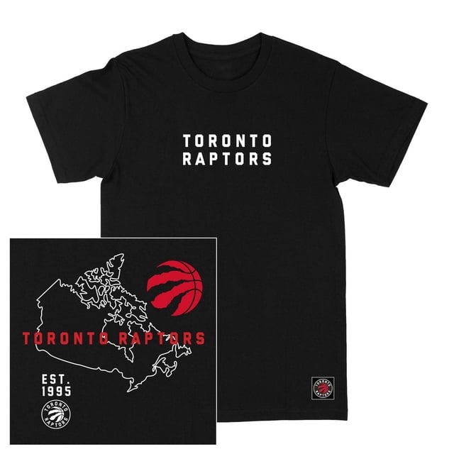 Official Licensed NBA Toronto Raptors Black Short Sleeve T-Shirt with centered white 'TORONTO RAPTORS' text on the front, made of cotton with a crew neck and short sleeves. The inset graphic shows a white outline map of Canada, red Raptors claw basketball logo, red 'TORONTO RAPTORS' text, 'EST. 1995' in white, and a small circular Raptors logo patch.