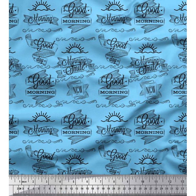 Soimoi Blue Moss Georgette Fabric Sun & Text Decor Fabric Printed Yard 42 Inch Wide