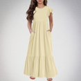 thumbnail image 2 of Huvoen Robe Fille Mode Filles Été Nouvelle Manches Courtes Col Rond Robe Couleur Unie Beige 8 Ans, 2 of 6