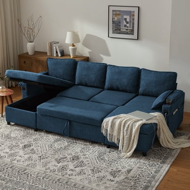 Convertible Sofa Bed Sleeper Pull Out Sectional Couch with Storage,U Shaped Couch Bed for Living Room,Apartment,Small Space - Blue