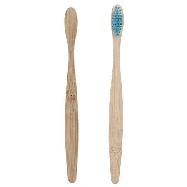 Soft Fibre Environmentally Wooden Toothbrush Bamboo Handle Toothbrush with a natural bamboo handle and soft blue bristles. Designed for effective oral care, it features superfine bristles for deep cleaning between teeth and bamboo charcoal material for enhanced hygiene. The ergonomic, non-slip handle provides a comfortable grip. Displayed in front and back views on a white background.