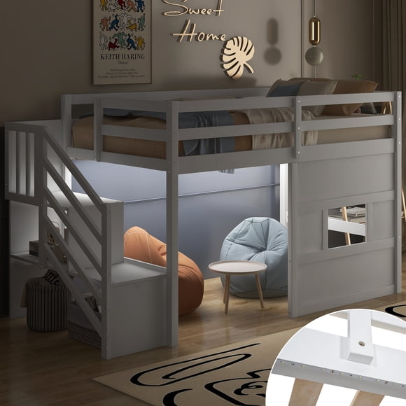 MODERNLUXE Twin Size Loft Bed with Storage Staircase and Window,Wood Loft Bed Frame with Playhouse and LED Light for Kids Teens,White