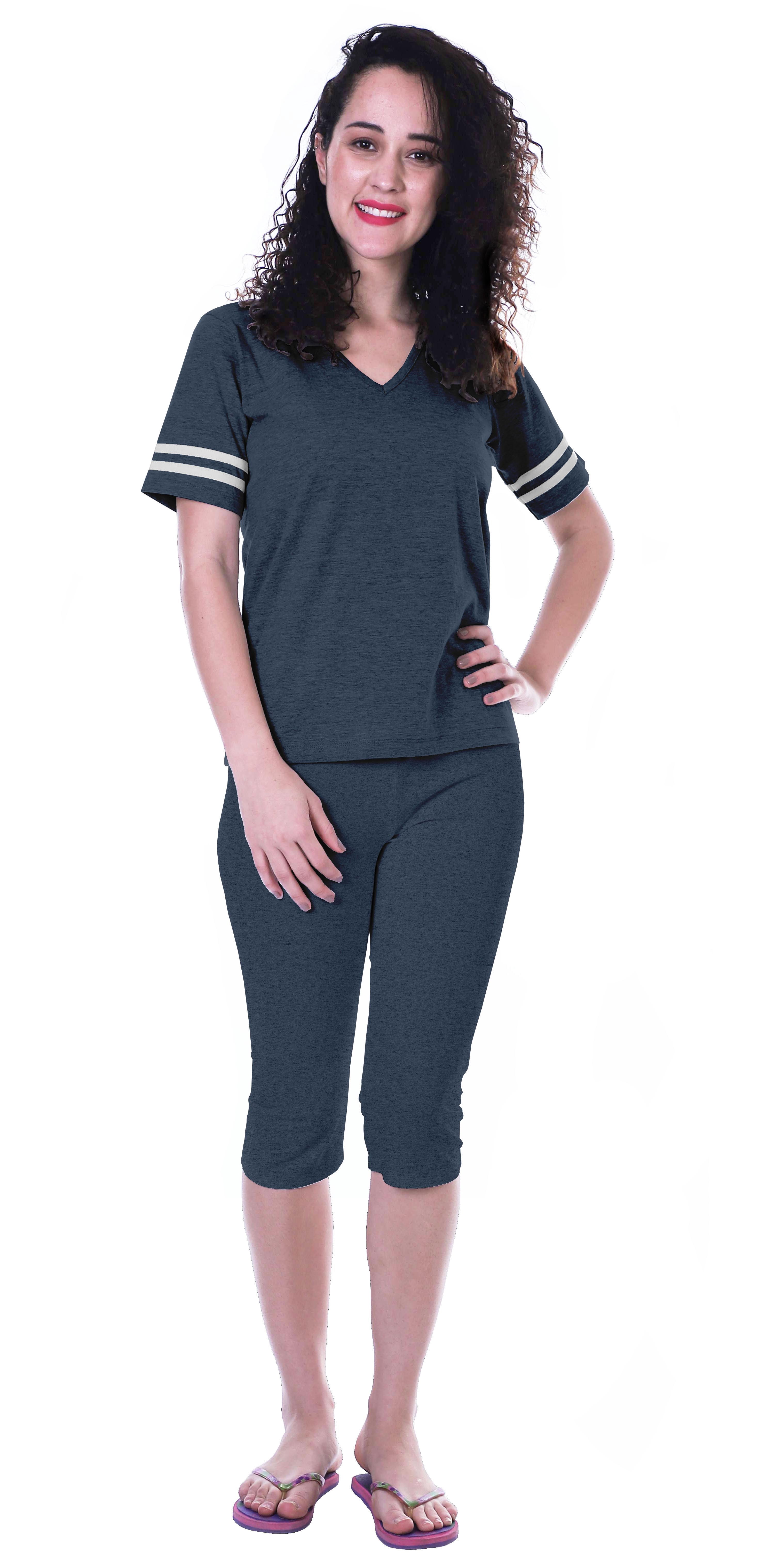 Moomaya Ensemble de Nuit Uni pour Femmes avec Capri en Coton Tenue de Nuit 2 Pcs Chemises de Nuit-R9R