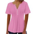 thumbnail image 1 of AherBiu Womens Tops Summer Button Round Neck Solid Color Ruched Dressy Casual Loose Tunics Tshirts, 1 of 3