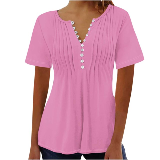 AherBiu Womens Tops Summer Button Round Neck Solid Color Ruched Dressy Casual Loose Tunics Tshirts