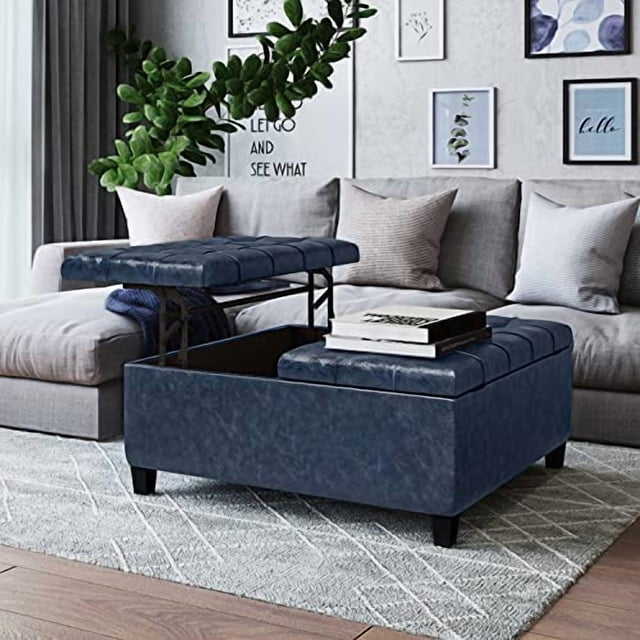 SIMPLIHOME Harrison Pouf de Rangement Carré de 36 Pouces de Large pour Table Basse avec Dessus Relevable, Tabouret Repose-Pieds Cocktail en Similicuir Bleu Capitonné Rembourré pour le Salon, Traditionnel