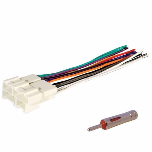 Scosche Car Stereo Wiring Connector with white plastic power and speaker connectors and color-coded wires including green, purple, orange, black, and white, plus a silver MDA1 antenna adapter with red detail, designed for automotive electrical and antenna connections.