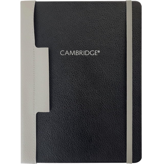 Cambridge Small Recycled Penloop Notebook with black textured casebound cover, grey recycled polyurethane pen loop and bungee elastic band, 192 ruled pages of 100% recycled post-consumer waste paper, 11 by 9 inches, often used for note-taking and organizing ideas.