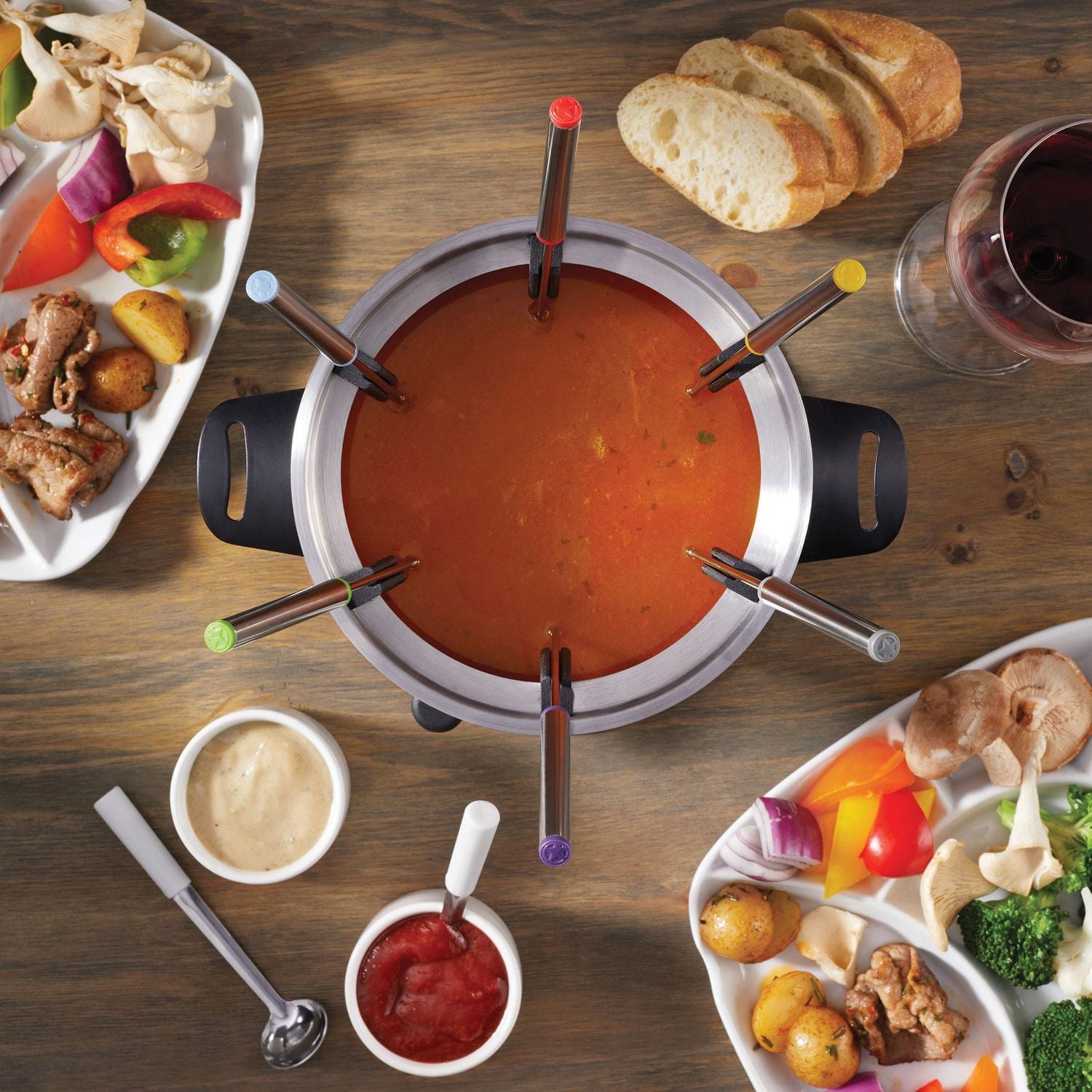 Starfrit Ensemble Fondue 3-en-1, 19 Pièces, Casserole Inox 1,6L, Guide de Fourchettes Magnétique, Brûleur Sécurisé, Parfait Pour Fondue Viande, Fromage et Chocolat