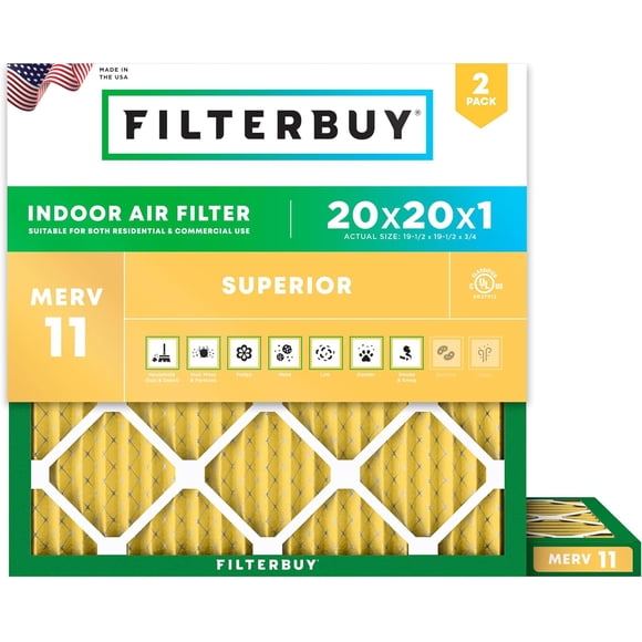 Filterbuy 20x20x1 Air Filter MERV 11 Allergen Defense, HVAC AC Furnace Air Filters Replacement (2-Pack)