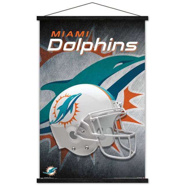 NFL Miami Dolphins - Affiche Murale Casque 18, 14,725 Po x 22,375 Po Encadrée Montrant un Casque de football Blanc avec le logo des Miami Dolphins Sarcelle et orange sur un Fond Gris Texturé avec un Grand Motif de Dauphin et de Soleil, Convient à la Décoration Murale à Thème Sportif dans les Chambres, les Bureaux Ou les Résidences Étudiantes.