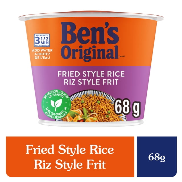 BEN'S ORIGINAL™ Fried Style Rice Single Serve Cup, 68 g, orange and purple container with microwave instructions to heat for 3.5 minutes, no artificial colours or flavours, featuring fried rice with peas and carrots, suitable as a quick snack or convenient side dish.