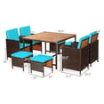 thumbnail image 3 of Costway 9PCS Patio Rattan Dining Set Cushioned Chairs Ottoman Wood Table Top Turquoise, 3 of 10