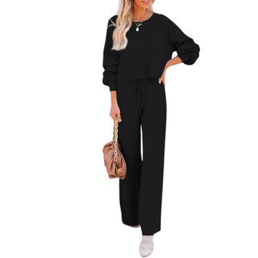 Sexy Dance Survêtements pour Femmes Taille Élastique Ensemble de Survêtement Col Ras du Cou Ensembles Jogger Tenue Décontractée de Détente Manches Longues Ensemble Deux Pièces Noir P