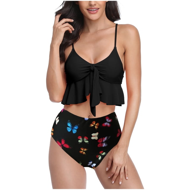 RKSTN Tankini Set for Women Swimsuits Ruffled High Waisted Tummy Control Knot Adjustable Straps Backless Bathing Suits