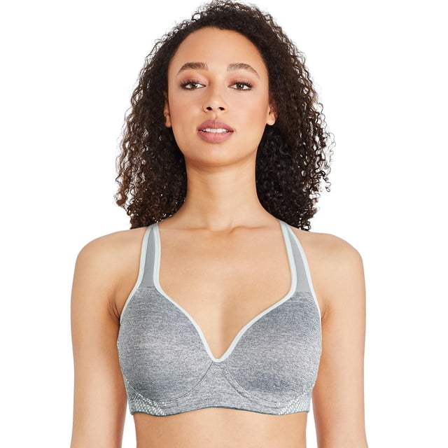 Athletic Works Women's Adjustable Back Sports Bra in grey heather with molded cups, racerback, adjustable straps, and hook-and-eye closure, made from moisture-wicking polyester and spandex blend, suitable for intense workouts.