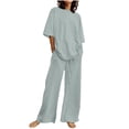 thumbnail image 1 of Pisexur Ensemble 2 Pcs pour Femme en Coton et Lin pour Femmes, Chandail à Manches Courtes avec Cordon, Pantalon Long, Survêtement, Ensemble Jogger, Pantalon Uni, Tenue Décontractée Deux Pièces, 1 of 5
