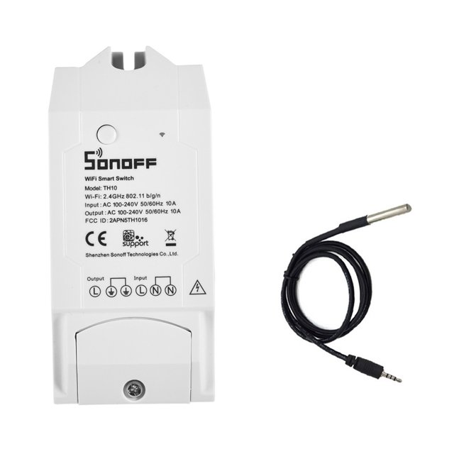 Sonoff TH10 WiFi Smart Switch Remote Controller with a white rectangular design, featuring input and output ports, and labeled specifications. Includes a detachable waterproof temperature probe with a black cable. Ideal for monitoring and controlling temperature and humidity in smart home setups via the eWeLink app.