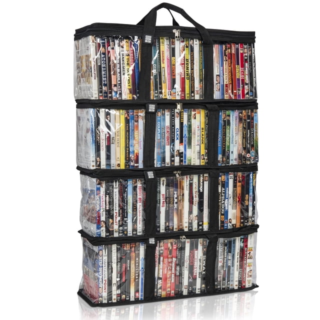 Made Easy Kit DVD Storage Case in clear PVC with triple-stitched handles and dividers, shown fully loaded with DVDs. The transparent cover allows easy visibility of titles, and the case is stackable for space-saving storage. It measures 22 inches by 8 3/8 inches by 6 1/4 inches and holds up to 40 DVDs, Blu-Rays, video game cases, or VHS tapes. The durable zipper ensures dust-free protection, and the reinforced handles provide portability.