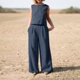thumbnail image 2 of Pompotops 2PC Fashion Woman Round Neck Solid Sleeveless Blouse +Loose Pockets Pants Sets, 2 of 9