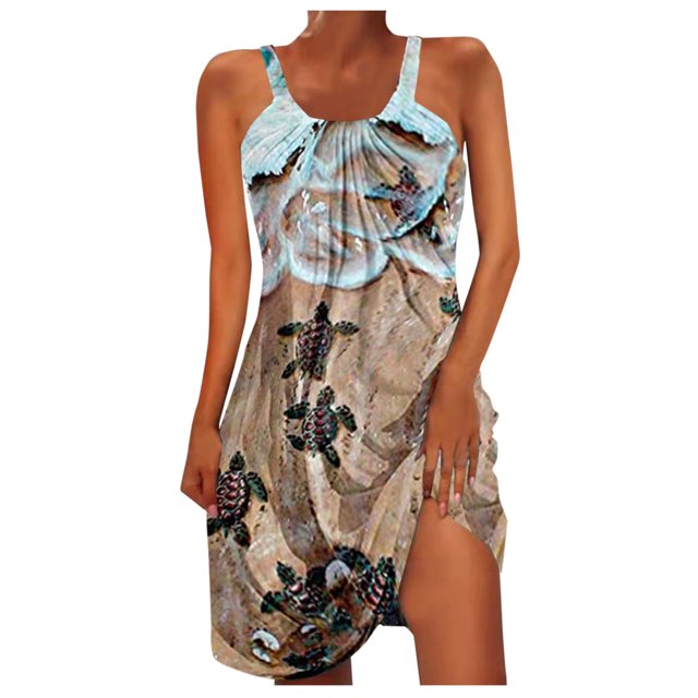 Robes d'Été pour Femmes Mode Aguichant Sans Manches Ourlet Imprimé Rétro Décontracté Robe de Plage Ample