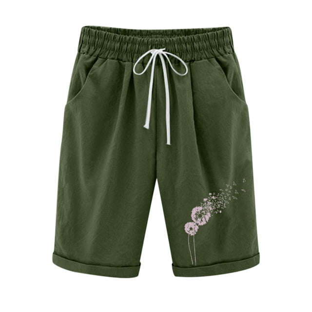 Timegard Plus Size Shorts for Women Cotton Linen Elastic Waist Drawstring Ruched Casual Loose Shorts