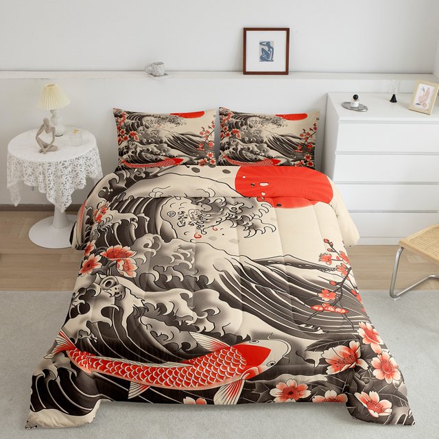 Erosebridal Cartoon Goldfish Bedding King Comforter Set, Tokyo Style Down Comforter, Sea Waves Decor, Reversible 3 Pieces