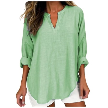 Ersazi Long Sleeve Crop Top Women'S Fashion V-Neck Cotton Hemp Pullover Solid Loose Long Sleeve Shirt In Clearance Green Oversized Sweatshirt For Women Xxl